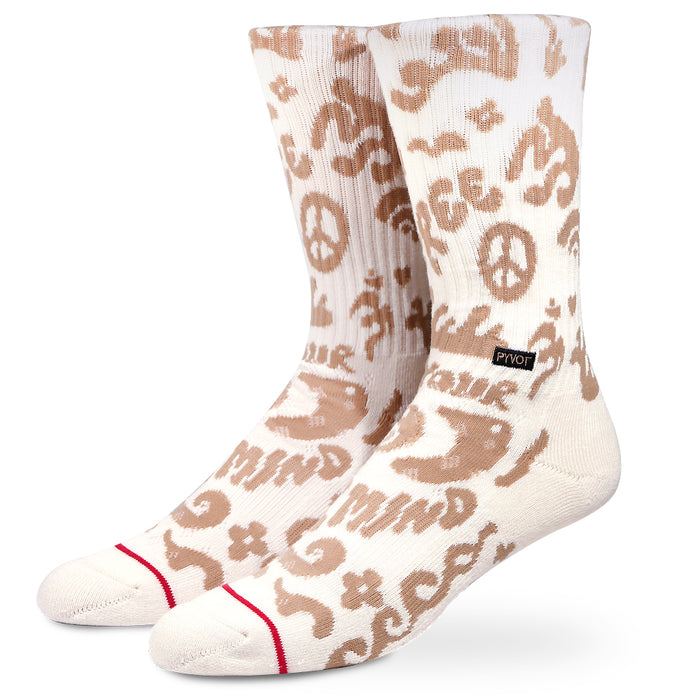 Free Your Mind Sock By PYVOT. These cool socks are breathable to the touch with soft combed cotton and mesh air vents. Featuring beach vibe pattern its a sock drawer essential.
