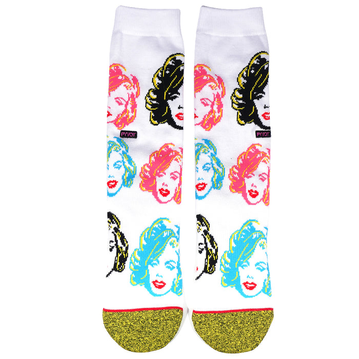 Marliyn Monroe socks in vibrant colors gold, blue, and white. Step into the icons of Marilyn Monroe socks by PYVOT