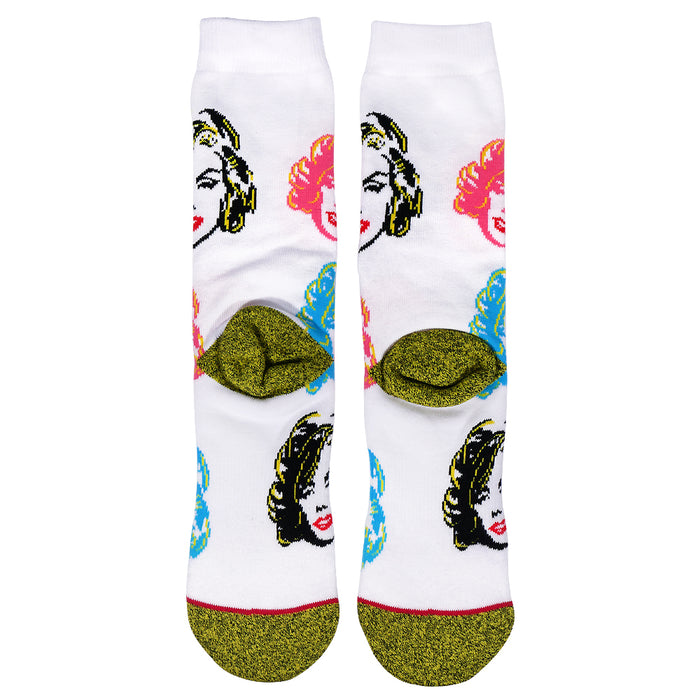 Marilyn Monroe socks with padded foot bed, combed cotton, anti-microbial yarns, and vibrant colors. Marilyn icon socks only from PYVOT.