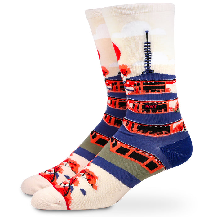 Japenese Pagoda socks from PYVOT. Blue and red pagoda with rising sun sets you up for the perfect day.