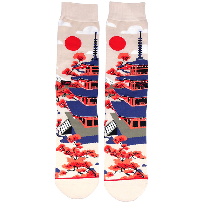 Japanese pagoda socks from PYVOT. Art inspired and comfort in mind, these pagoda socks are the perfect blend of soft and color.