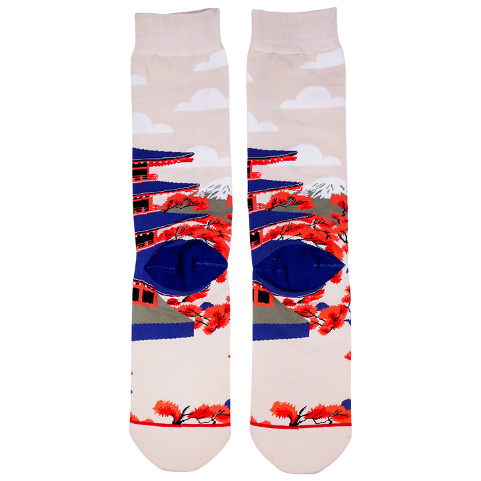 Pagoda Zen socks by PYVOT featuring Pagoda, floating clouds, and volcano. Japanese pagoda zen in every step.