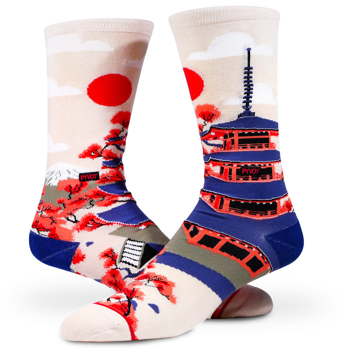 PYVOT Pagoda zen socks featuring classic japanese pagoda , volcano , and red cherry blossoms socks.