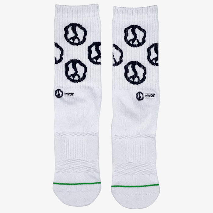 White peace sign socks laying flat. 