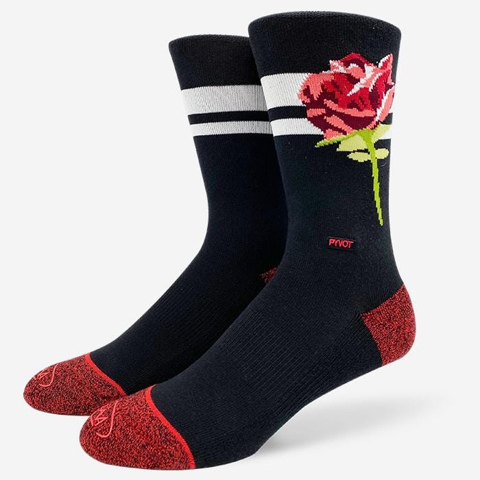 Crew socks with custom rose sock design on the side, and white stripes  inside the rose .