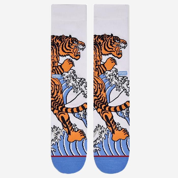 Pyvot premium 200n knit crew sock  with custom orange tiger art embroidery made with top quality ultra soft combed cotton and antimicrobial fibers. This sock is a colorful orange and blue, thin, and soft.